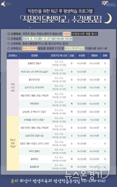 화성시, 2024년 직장인 달빛학교1차 수강생 모집