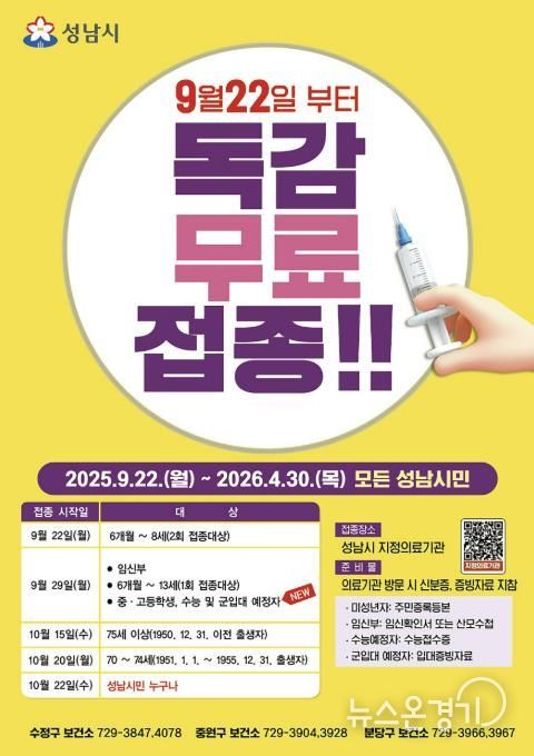 성남시, 모든 시민 독감백신 무료 접종 시행 안내 포스터