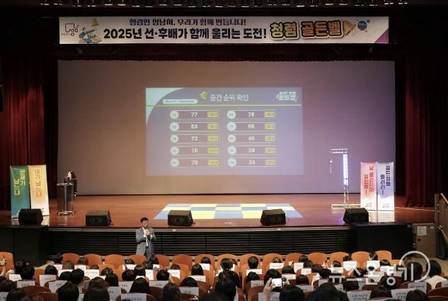 지난 2025년 9월 3일 시청 온누리에서 신상진 성남시장이 성남시 공직자들이 참여하는 도전!청렴 골든벨 행사에서 인사말을 하고 있다