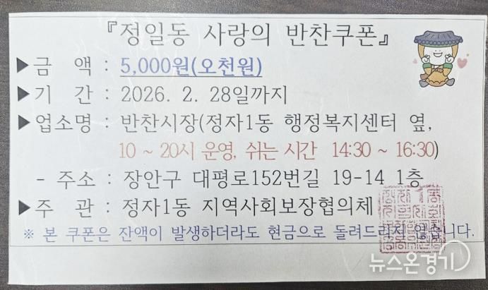 수원시 장안구 정자1동 지역사회보장협의체, 매월 취약계층에 '정일동 사랑의 반찬쿠폰' 지급