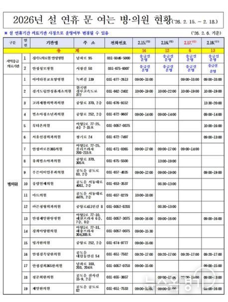 안성시, 설 연휴 응급진료체계 운영